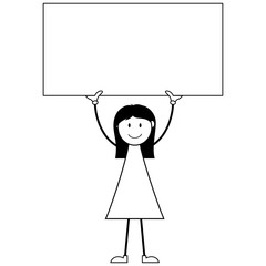Cartoon girl stick figure holding blank placard