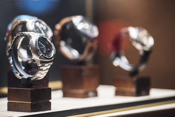 Men watches in a showcase of a luxury store in London.