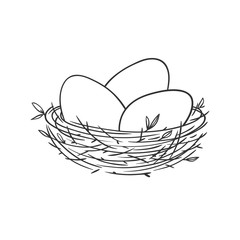 Vector linear illustration with eggs in the nest isolated on white. - obrazy, fototapety, plakaty