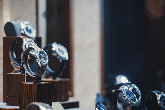 Men Watches In A Showcase Of A Luxury Store In London.