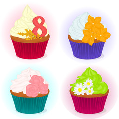 Set of four different yummy cupcake for International Women's day with flowers for your design in cartoon style. Vector illustration. Holiday Collection.