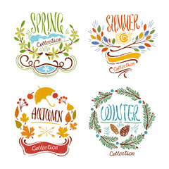 Light Creative Badges on 4 Seasons with Hand-drawn Leafy Ornament and Lettering