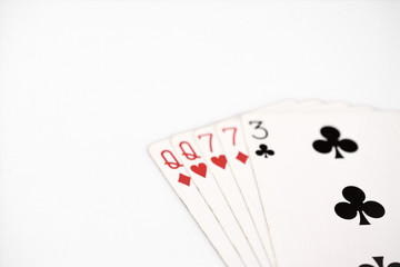 Poker hand ranking, symbol set Playing cards in casino: two pairs, queen, seven on white background, luck abstract