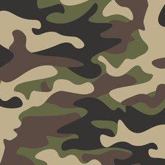 Camouflage pattern background. Classic clothing style masking camo repeat print. Green brown black olive colors forest texture. Design element. Vector illustration. - obrazy, fototapety, plakaty