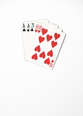 Poker hand ranking, symbol set Playing cards in casino: one pair, ace, two, three, eight on white background, luck abstract, vertical copyspace