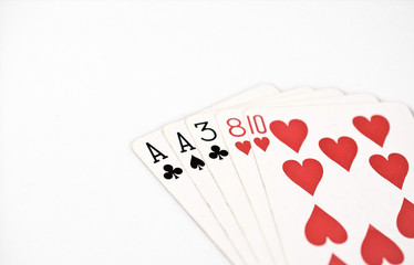 Poker hand ranking, symbol set Playing cards in casino: one pair, ace, two, three, eight on white background, luck abstract, horizontal copyspace
