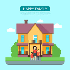Obraz na płótnie Canvas Happy Family in the Yard of Their House