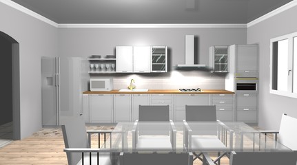 white kitchen 3D rendering interior design