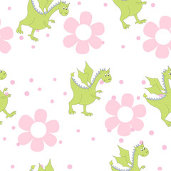 Cartoon dragons in flowers. Childish bright floral pattern in vector