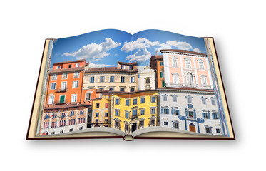 Abstract composition of typical old Italian buildings (Italy - Pisa) - 3D render of an opened photo book isolated on white background