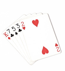 Poker hand ranking, symbol set Playing cards in casino: hight hand, King, seven, five, three, two on white background, luck abstract, horizontal copyspace close up