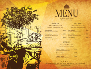 Restaurant menu design. Vector menu brochure template for cafe, coffee house, restaurant, bar. Food and drinks logotype symbol design. With a sketch pictures - 138820192