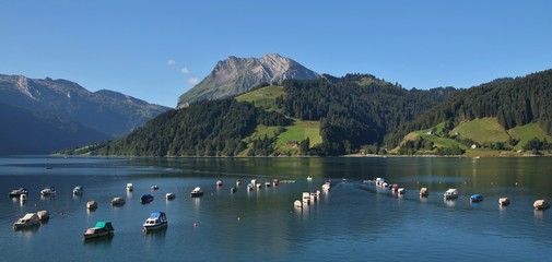 Fishing boats on lake Wagital, Schwyz Canton