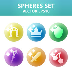 Colorful vector spheres set with symbols inside. Assets set for game design and web application.