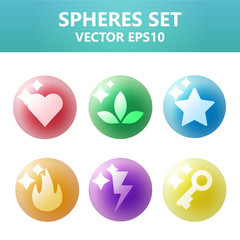 Colorful vector spheres set with symbols inside. Assets set for game design and web application.