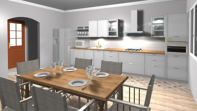 kitchen 3D rendering interior design with dining area