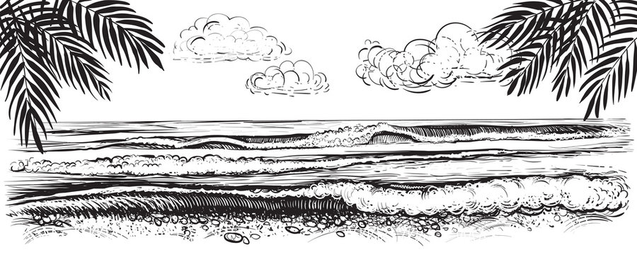Panoramic beach view. Vector illustration of ocean or sea waves. Hand drawn.