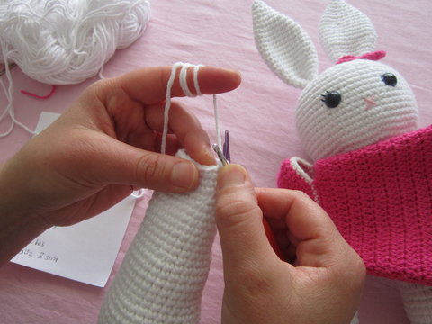 knitting,rabbit toy,hands,amigurumi