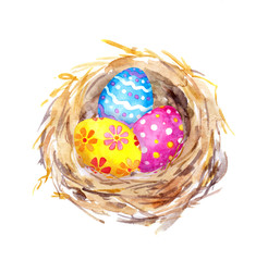 Easter nest with eggs. Watercolor