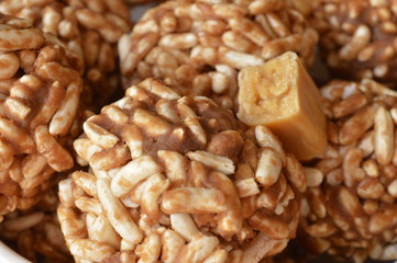 Homemade expanded rice cookies with sweet candy fudge.