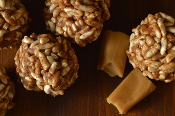 Homemade expanded rice cookies with sweet candy fudge.