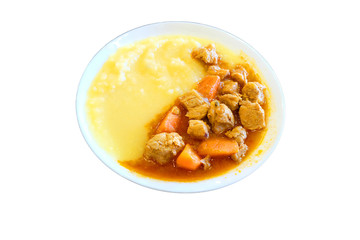 pork goulash with mashed potatoes isolated on white