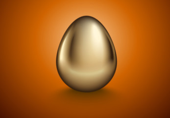 Glossy realistic golden egg. Isolated on orange background. Vintage banner, card, poster for Easter, business benefit concept