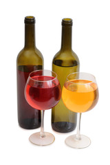 Glass and bottle wine on white background