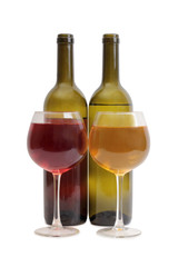 Glass and bottle wine on white background