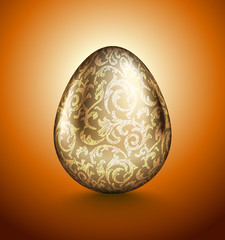 Glossy realistic golden egg with light handdrawn floral pattern. Isolated on orange background. Vintage banner, card, poster for Easter, business benefit concept