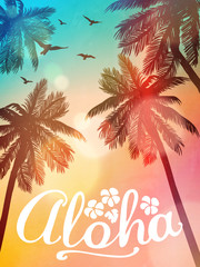 Summer beach illustration Aloha. Inspiration card for wedding, date, birthday, tropical party invitation - obrazy, fototapety, plakaty
