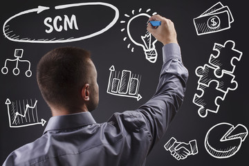 Technology, internet, business and marketing. Young business man writing word: SCM