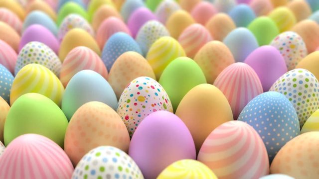 Beautiful multi coloured Easter eggs in rows. Seamless loopable animation. Computer generated footage. Perfect for easter backgrounds.