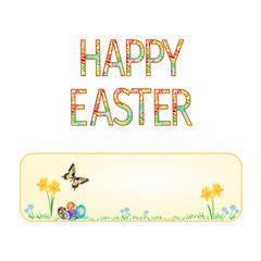 Banner Happy easter spring flowers daffodils with butterfly and Easter eggs vintage vector illustration