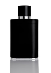 Full black glass jar of perfume with reflection