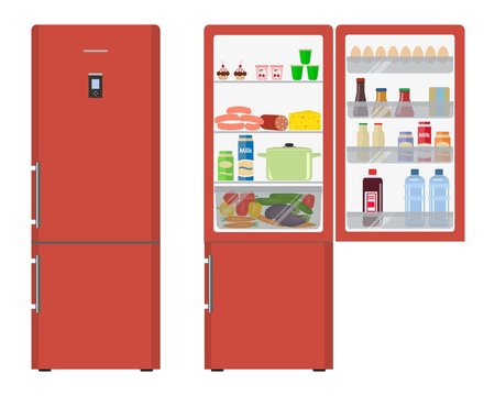 Red fridge with open doors, a full of food. Vector flat illustration
