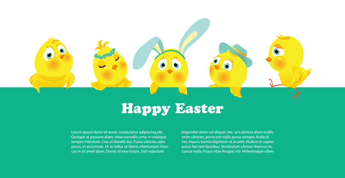 Easter border, background with funny cute chickens