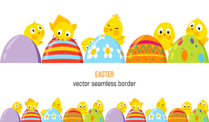 Easter vector border with cute chicks and eggs