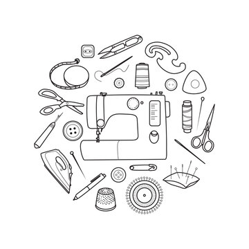 Sewing tools vector round concept