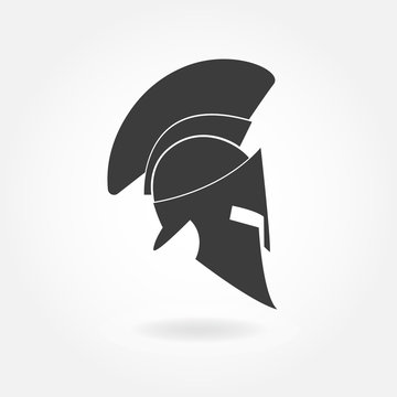 Spartan helmet icon. Ancient Roman or Greek helmet with feathered crest. Metal helmet for head protection soldiers of the legions. Vector illustration.