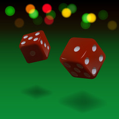 Dice gambling background. Red cubes on green background. Vector illustration.