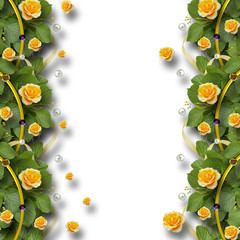 Beautiful  frame of roses, leaves, ribbons and pearls
