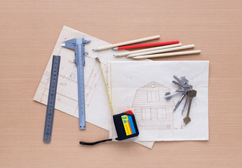 Set of measuring tools on wooden background
