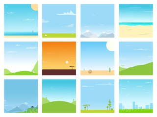 Set of different bright landscapes pictures. Nature simple backgrounds collection design. Seaside, mountains, hills, savannah, city, field view with clear skies.