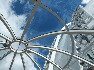 The attraction “Sky View” (exterior incline elevator) on Stockholm Globe Arena (Globen or Ericsson Globe) in Sweden