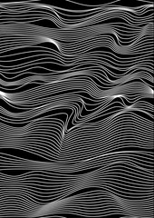 Abstract vector seamless moire pattern with waving curling lines. Monochrome graphic black and white ornament. Striped repeating texture. - obrazy, fototapety, plakaty