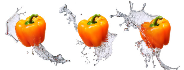 Fototapeta na wymiar Water splash and vegetables isolated on white backgroud. Fresh bell pepper