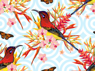 Seamless summer tropical pattern with birds, butterflies and exotic flowers vector background. Perfect for wallpapers, pattern fills, web page backgrounds, surface textures, textile