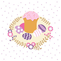 Holiday background with Easter cake and painted eggs. Vector illustration.