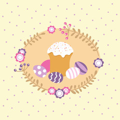Holiday background with Easter cake and painted eggs. Vector illustration.